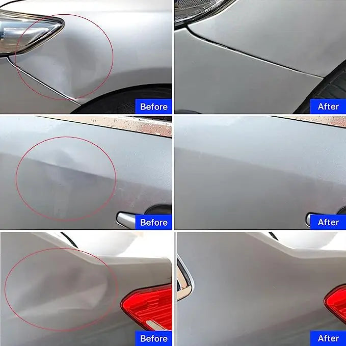 Before and after photo grid showing dent removal results on car body panels using the Paintless Dent Repair Kit's suction cup dent puller.