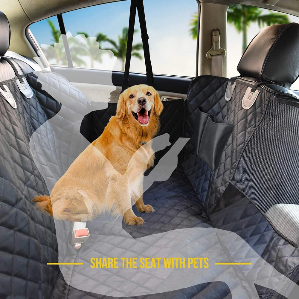 Illustration of a dog sharing the back seat with its owner behind the see-through mesh window of the Waterproof Dog Car Hammock