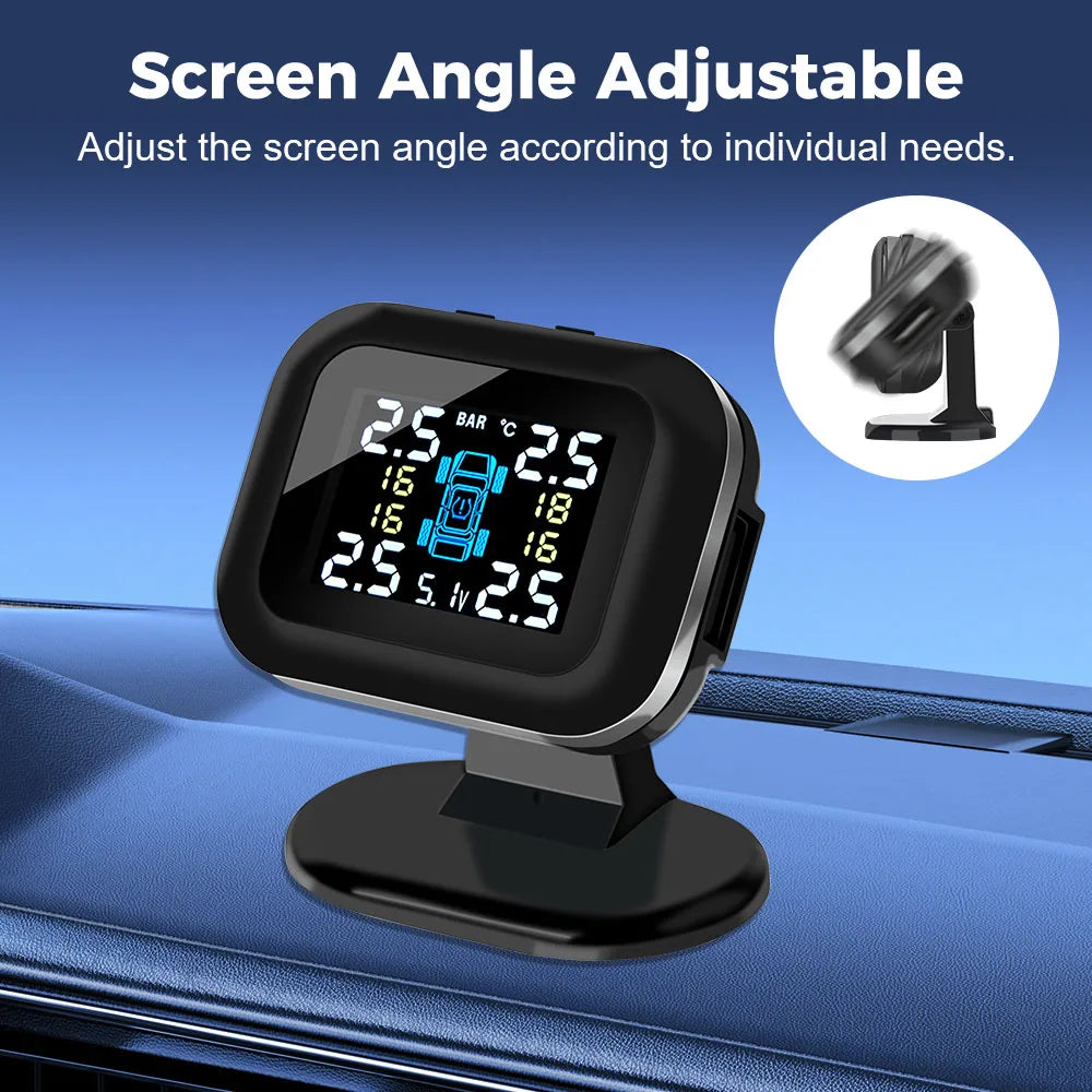 Compact USB Tyre Monitor mounted on a car dashboard with adjustable screen angle showing pressure in bar for all four tyres