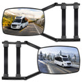 Pair of Clip-On Towing Mirrors with black adjustable arms and strap mounts, reflecting a white motorhome on mountain roads