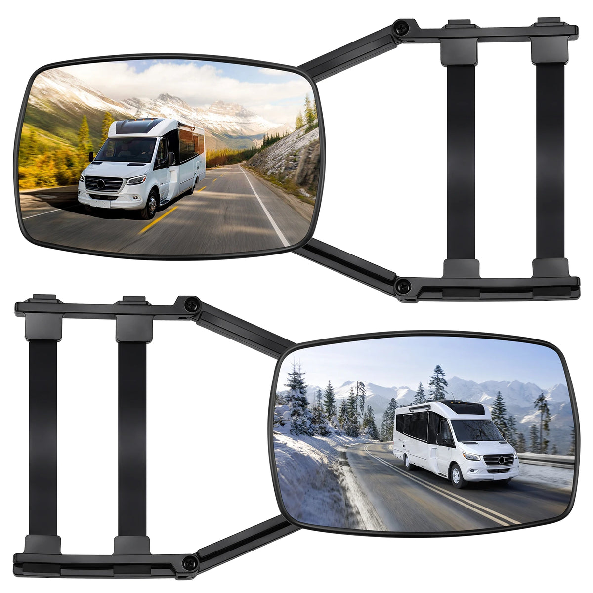 Pair of Clip-On Towing Mirrors with black adjustable arms and strap mounts, reflecting a white motorhome on mountain roads