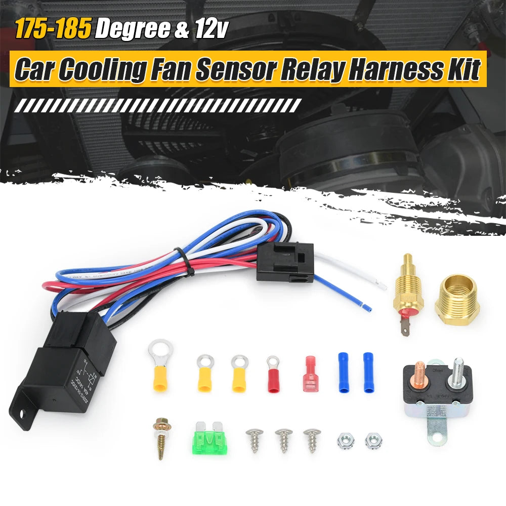 Thermo Fan Relay Kit 12V cooling fan relay harness with 175 to 185 degree sensor switch, relay, circuit breaker and fittings