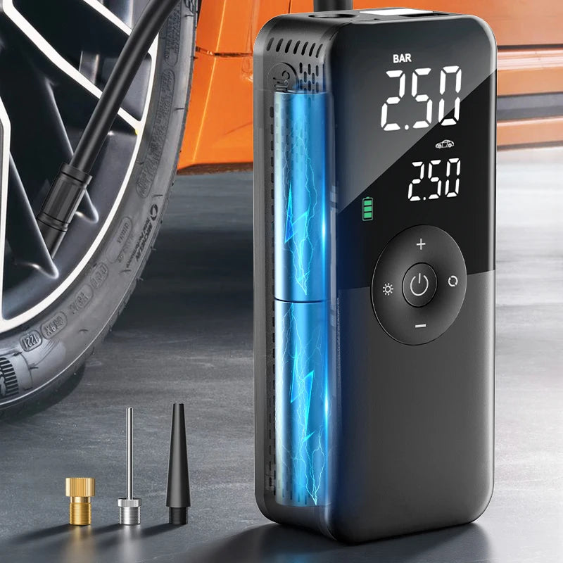 Cordless Digital Tyre Inflator Charging Beside Car Tyre with Blue Light Effect