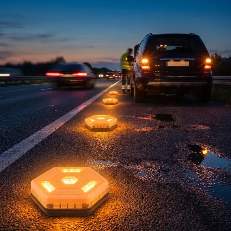 Rechargeable LED Road Flares glowing on a highway at dusk behind a stopped car with a person standing roadside