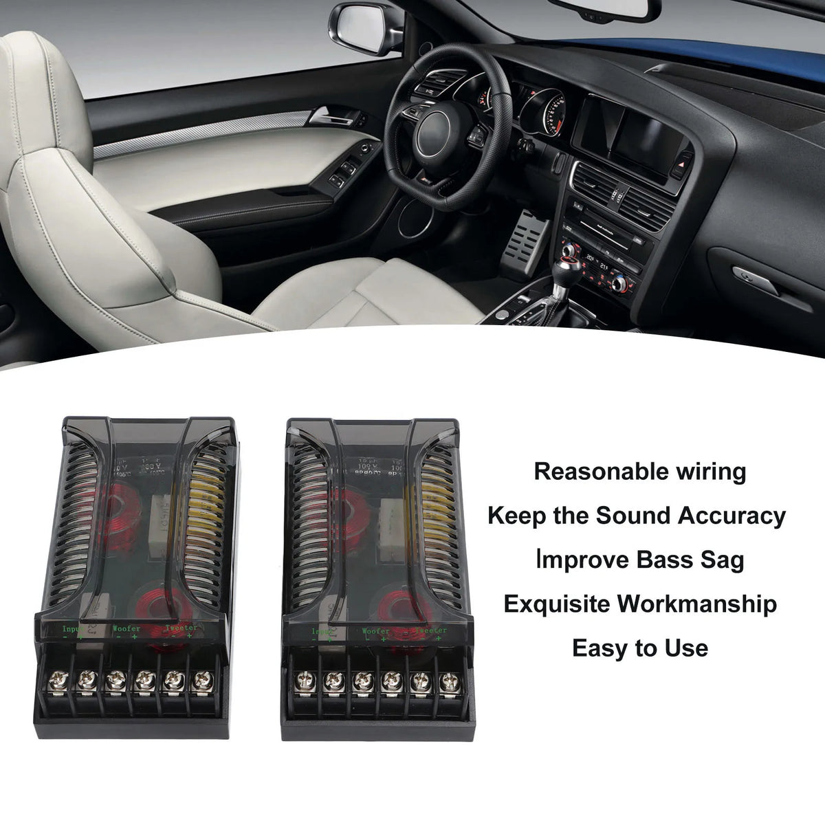 2-Way Speaker Crossovers beside a car dashboard and steering wheel for in-vehicle audio tuning