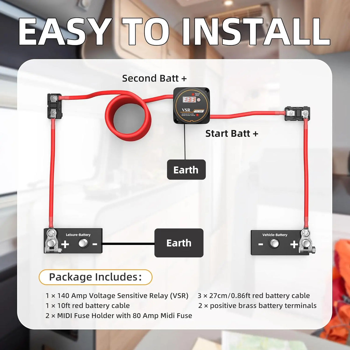 Dual Battery Isolator Kit wiring diagram connecting start and second batteries, with package contents list