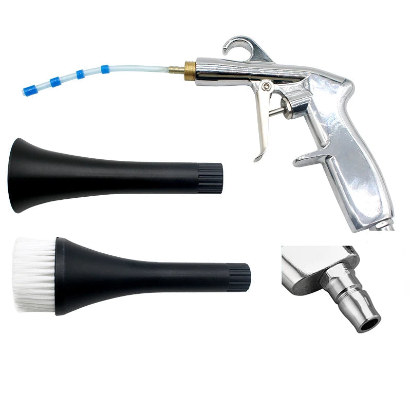 Chrome air blow dust gun with flexible nozzle, narrow nozzle attachment, soft brush attachment and inlet connector