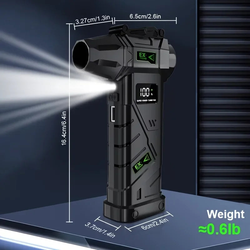 Mini Brushless Jet Blower dimensions of 16.4cm tall, 6.5cm wide and 3.7cm deep, approximately 0.6lb weight, with LED light on
