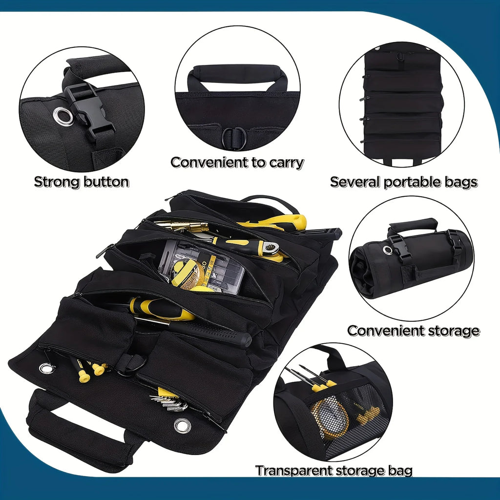 Black Canvas Tool Roll Organiser shown open flat and packed with screwdrivers, a tape measure and small tools, alongside close-up insets of the buckle, handle, mesh window pocket and rolled shape.