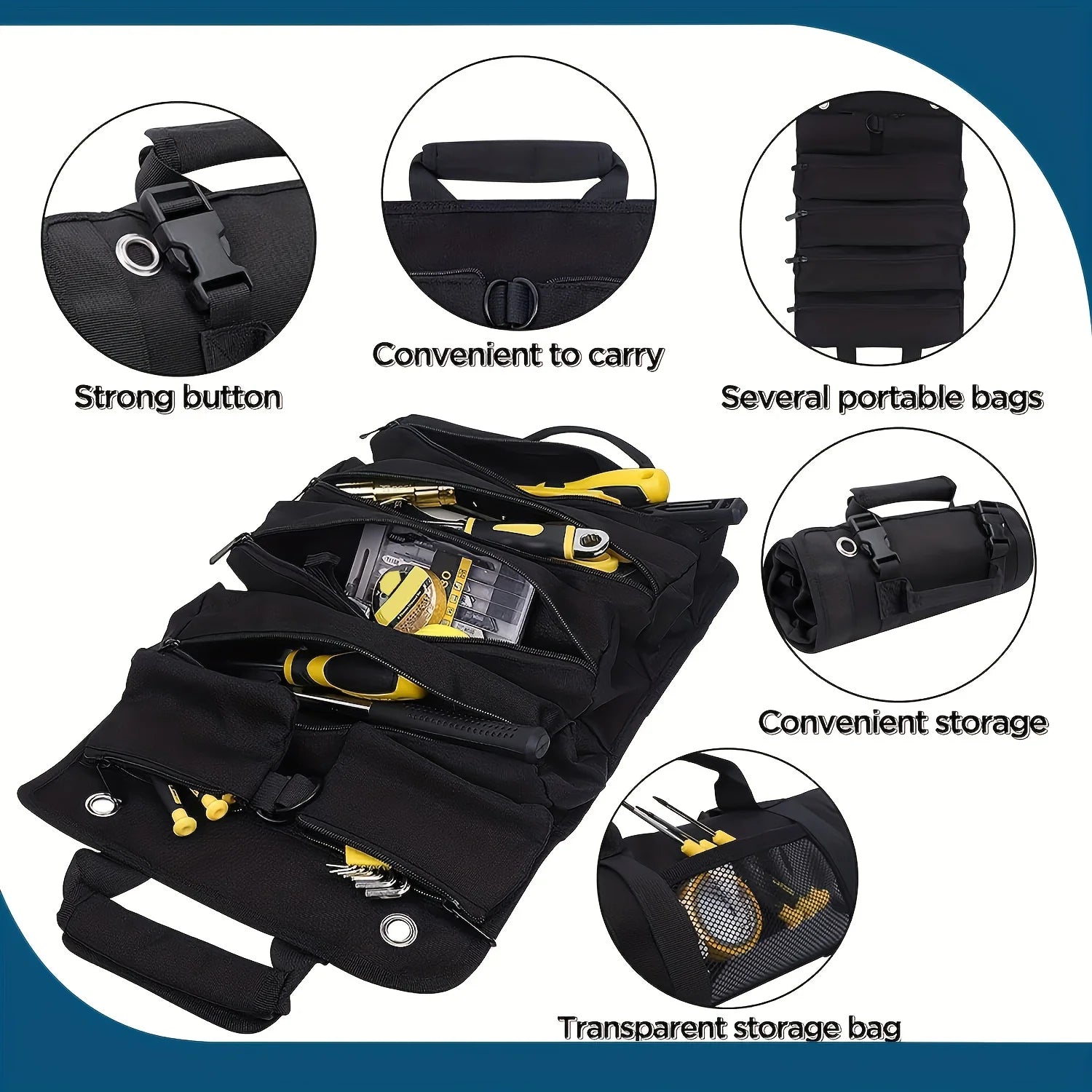 Black Canvas Tool Roll Organiser shown open flat and packed with screwdrivers, a tape measure and small tools, alongside close-up insets of the buckle, handle, mesh window pocket and rolled shape.