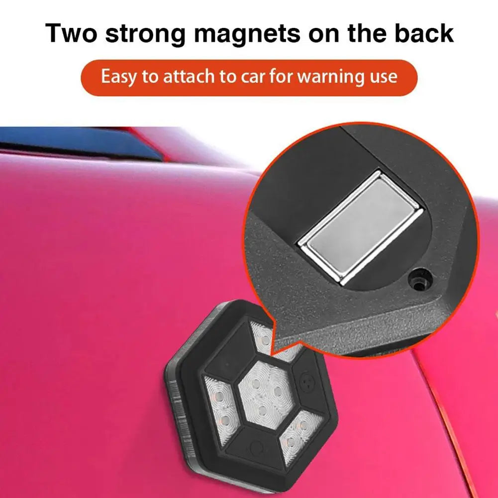 Rechargeable LED Road Flare with its two rear magnets, captioned for easy attachment to a car