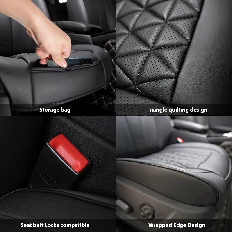 Front Seat Cushion Cover feature collage showing the storage bag pocket, triangle quilting, seatbelt lock compatibility and wrapped edge design