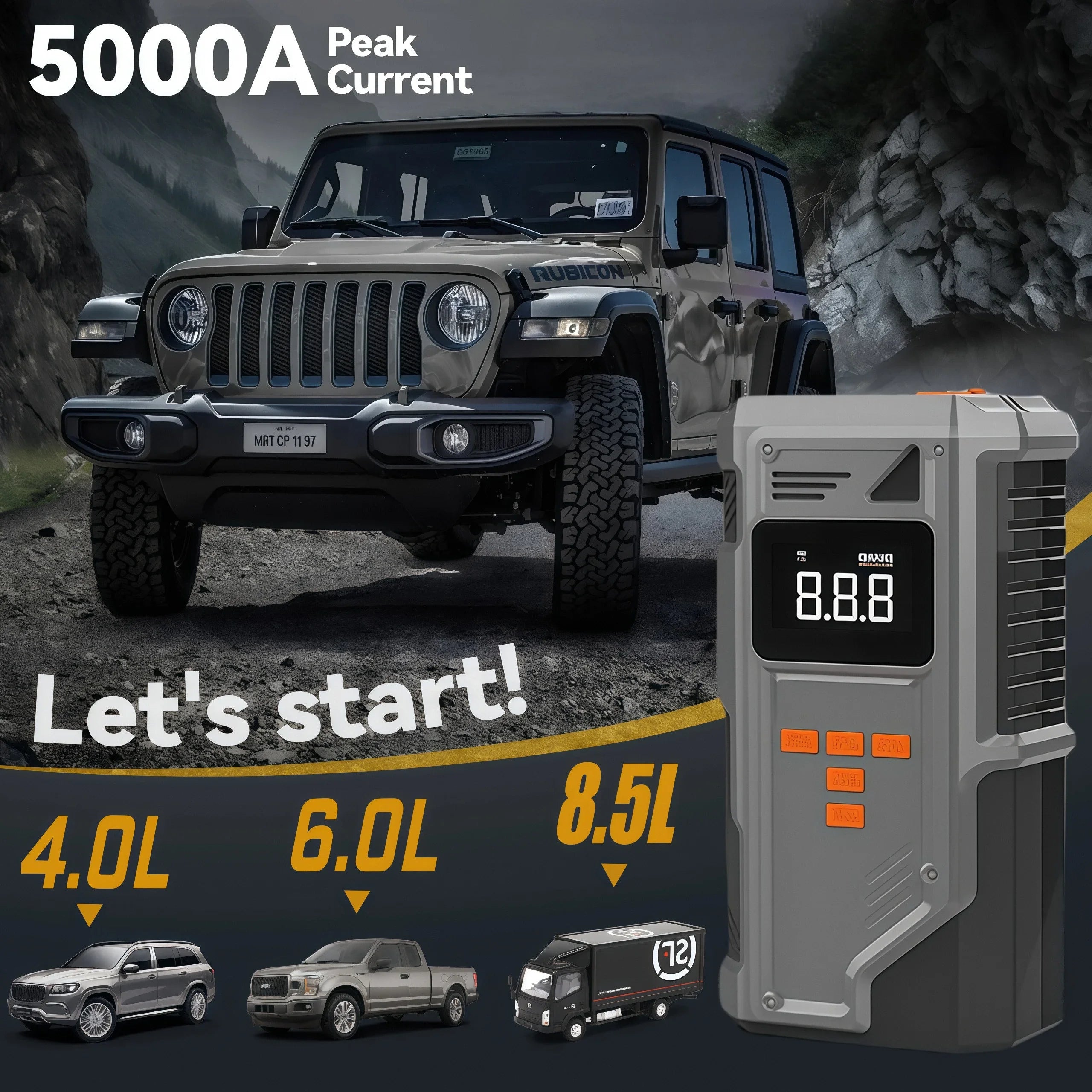 Portable 12V Jump Starter with 5000A peak current jump starting a 4WD Jeep Wrangler on an off-road trail
