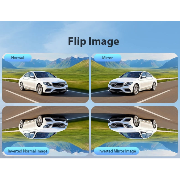 Solar Wireless Reversing Camera flip image modes: normal, mirror, inverted and inverted mirror views