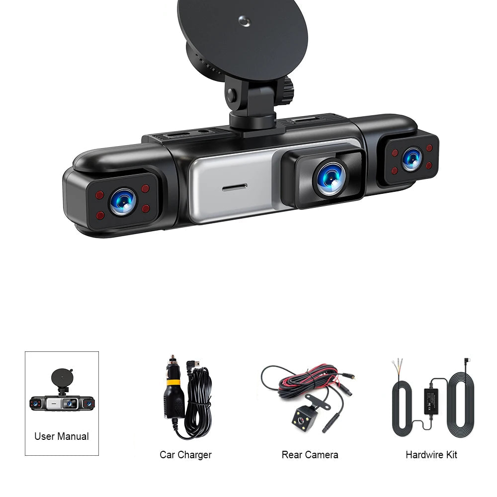 WiFi Smart Dash Cam 4-channel package with hardwire kit plus included user manual, car charger and rear camera accessories