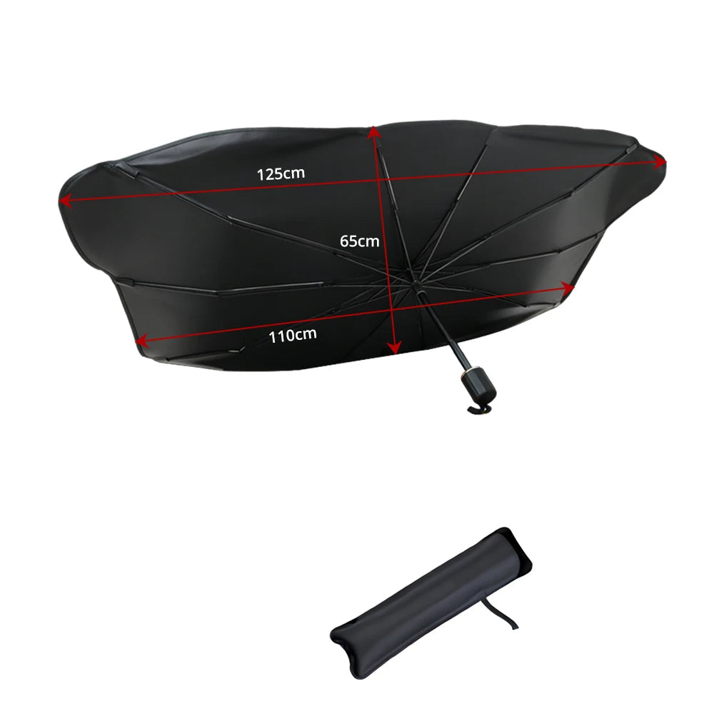 Foldable Windscreen Sun Umbrella Small size dimension diagram, 125cm by 65cm by 110cm, with a matching storage bag included as a gift