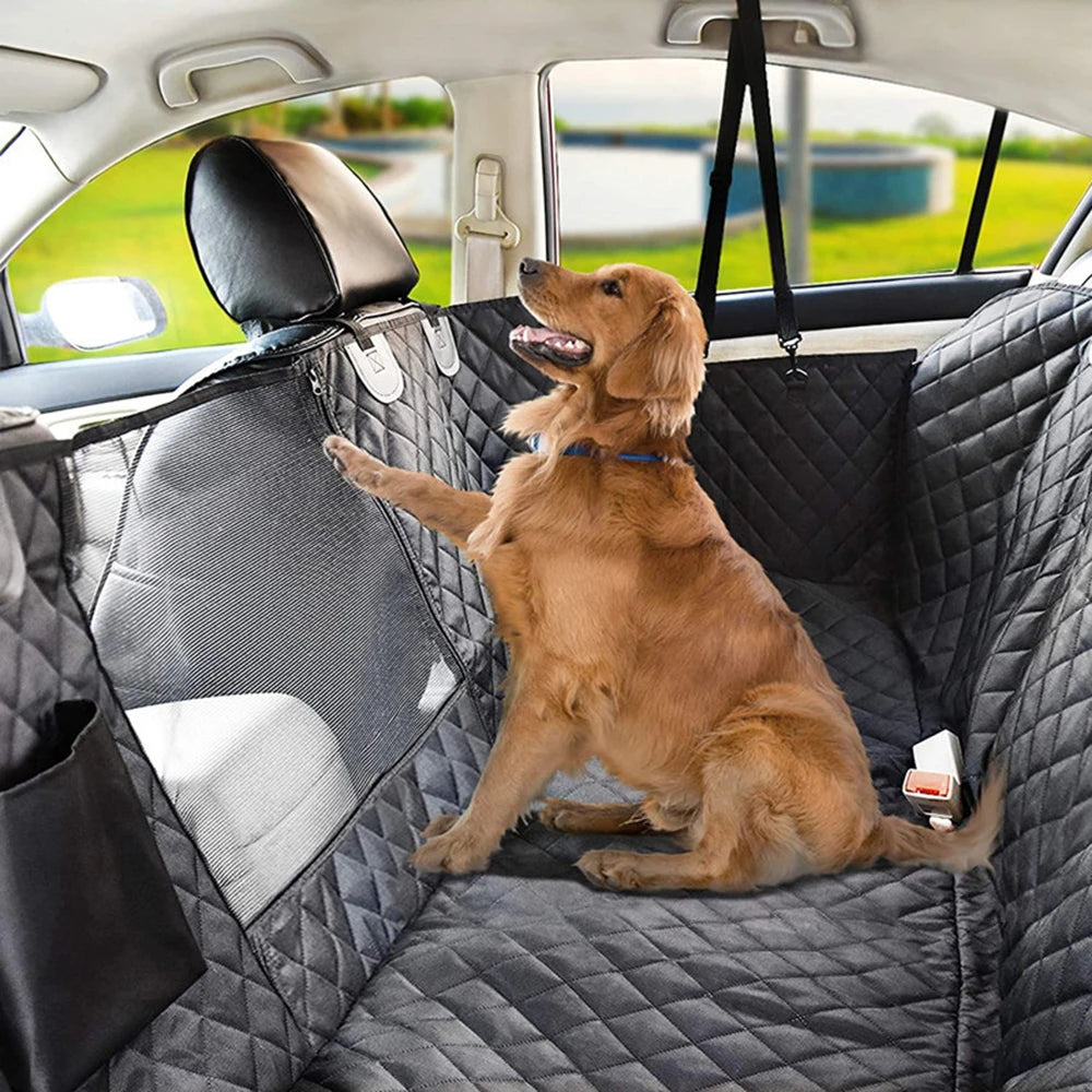 Golden Retriever resting a paw on the mesh window of the Waterproof Dog Car Hammock while seated in the back of a car