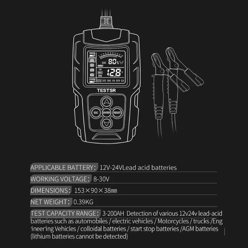 LCD Battery Health Analyser specifications: 12V to 24V lead-acid batteries, 153 x 90 x 38 mm, 0.39 kg, 3 to 200 Ah range