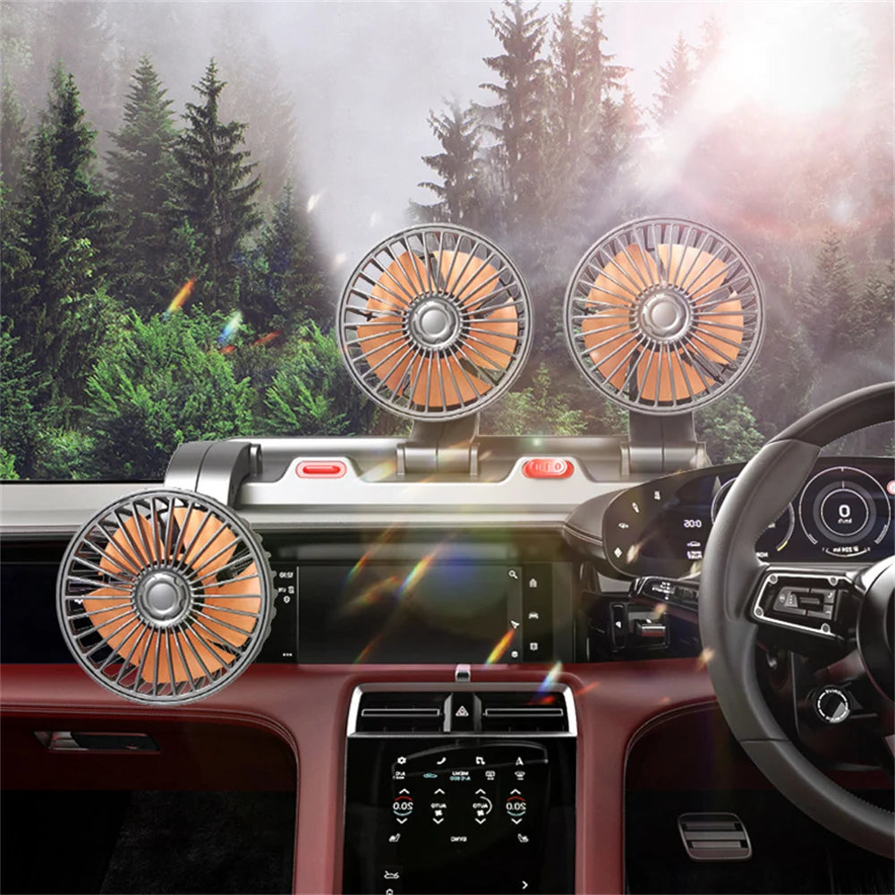 Triple-Head Dashboard Car Fan mounted on a car dashboard, circulating air towards the driver and passenger