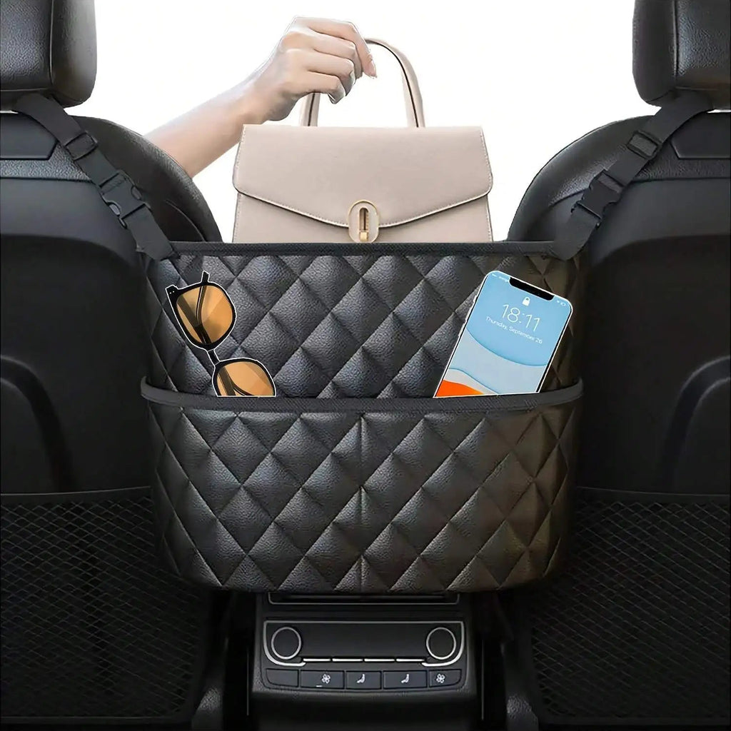 Sunglasses, smartphone and handbag stored in the black PU leather car seat gap organiser
