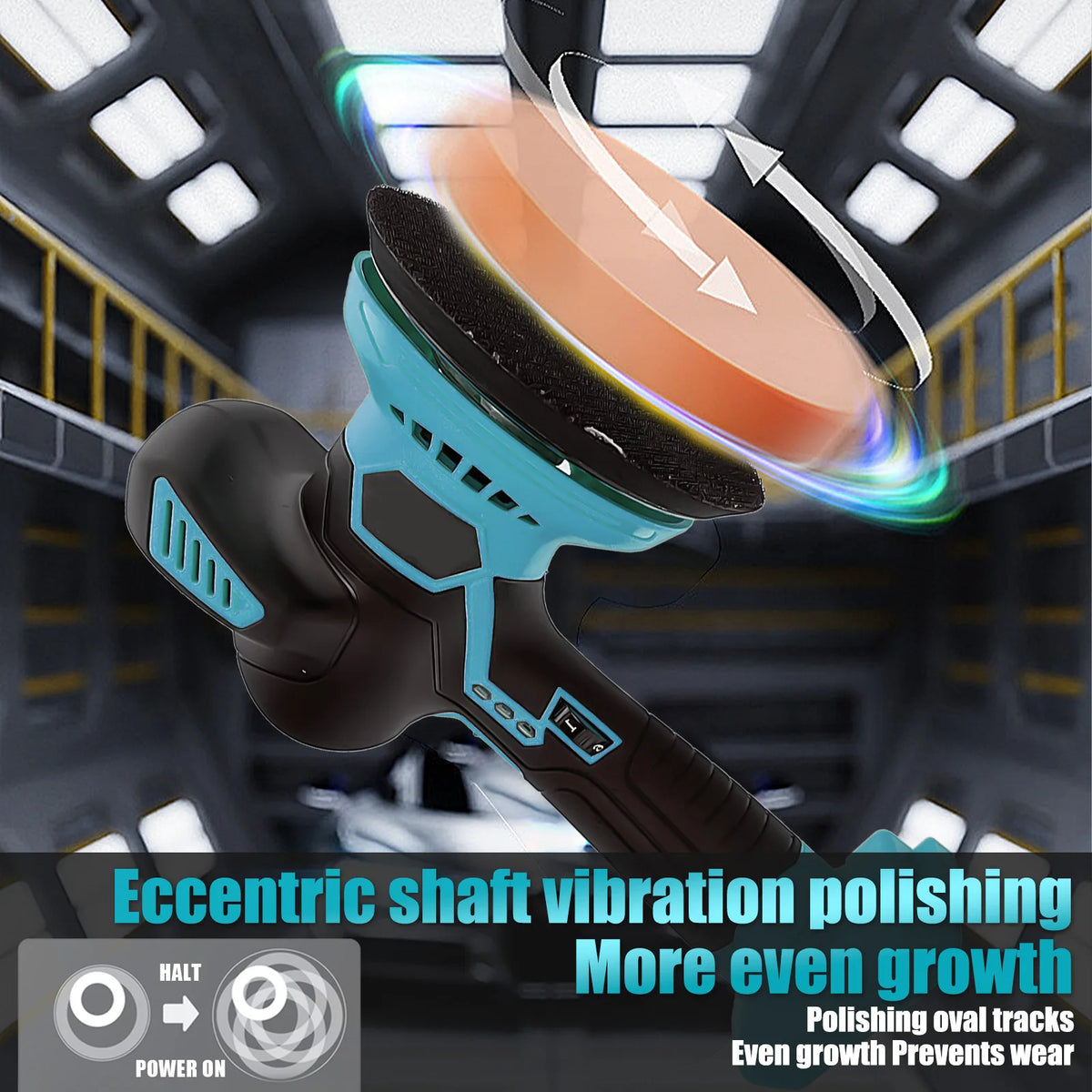 Cordless Orbital Car Polisher with orange polishing pad showing eccentric orbital motion in a car detailing workshop