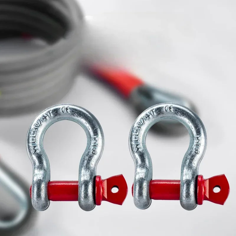 Close-up of two galvanised steel D-shackles included with the 4x4 recovery strap