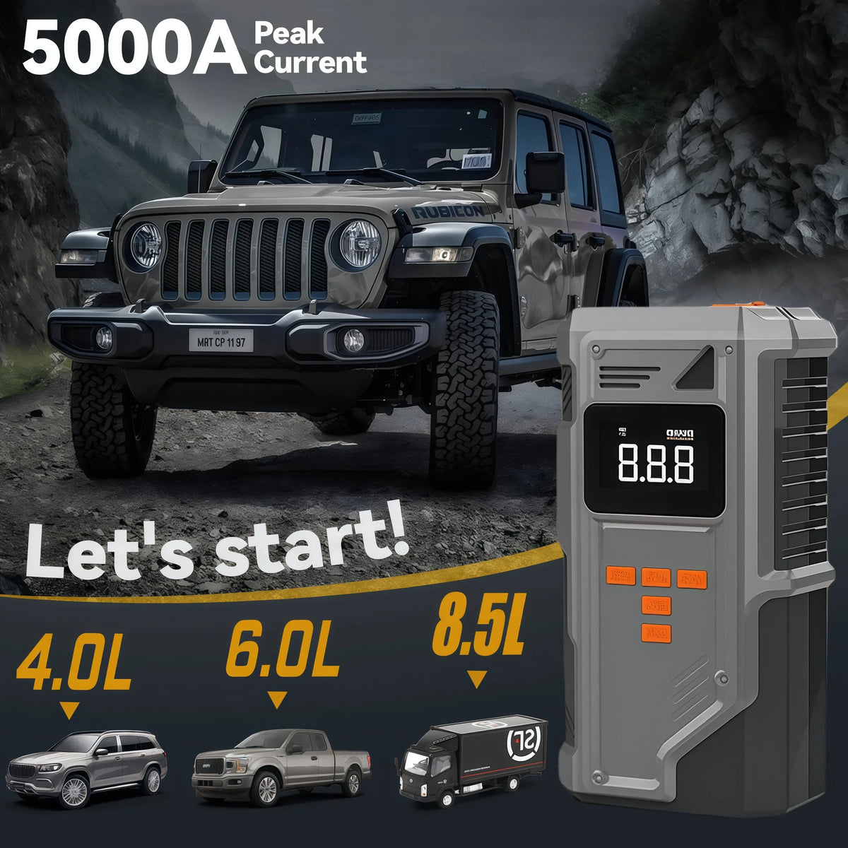 All-in-One Jump Starter & Inflator beside a 4WD, with engine size guide for 4.0L, 6.0L and 8.5L petrol vehicles