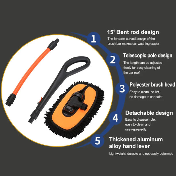 Multiple advantages infographic showing the 17 degree bent rod design of the Chenille Car Wash Mop
