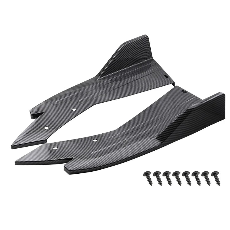 Pair of carbon fibre textured rear bumper corner guards displayed on a white background with mounting screws