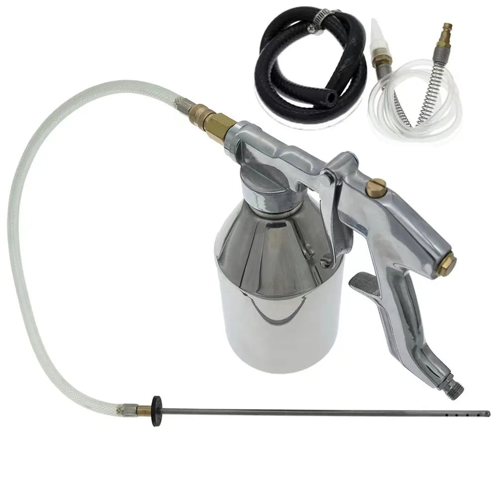 Cavity Wax Spray Gun with chrome canister, application wand, air hose and quick-connect fittings