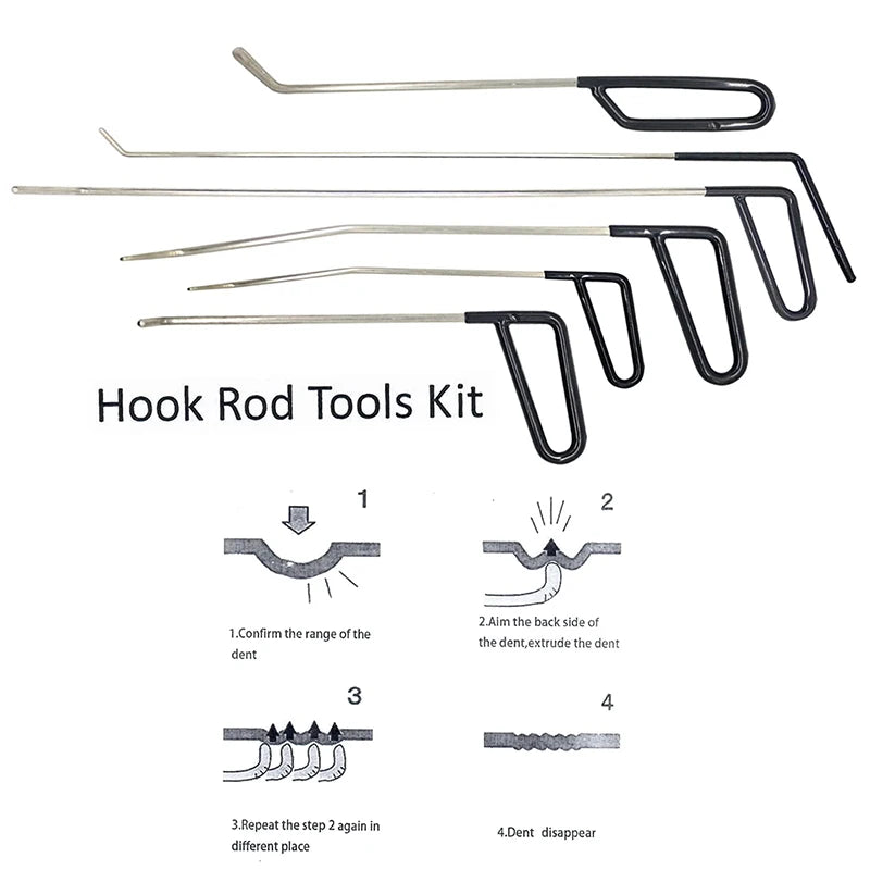 Hook Rod Tools Kit diagram illustrating the four-step paintless dent repair technique for removing car body dents