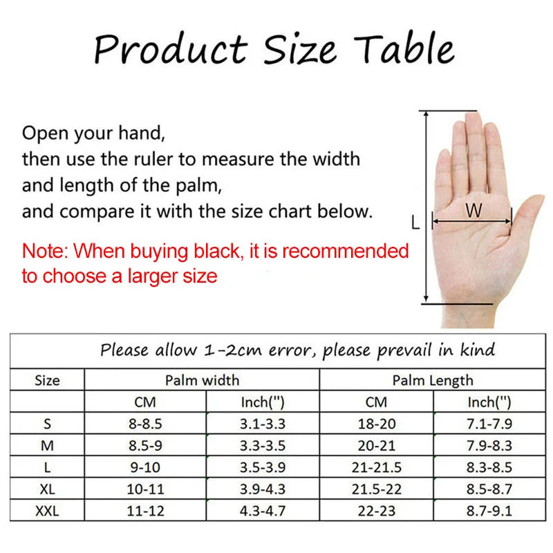 Size chart for winter gloves showing palm width and length measurements in centimetres and inches for sizes S through XXL.
