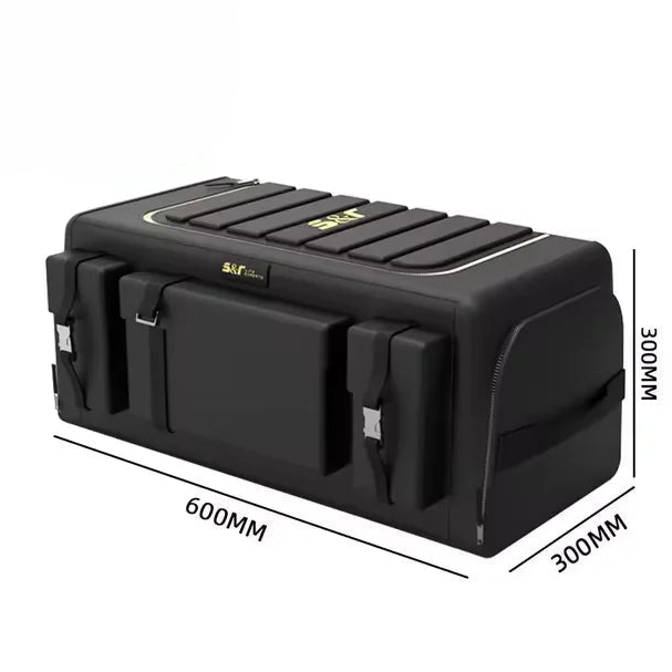 Foldable trunk storage organiser shown with dimensions labelled 600mm long and 300mm wide, with an inset diagram of its six features
