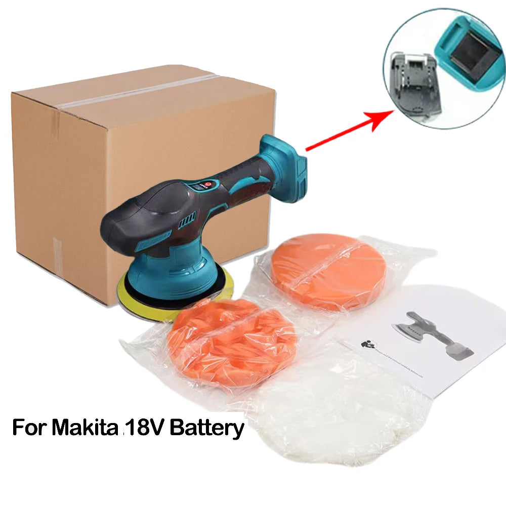 Cordless Car Polisher for Makita 18V battery packaged with polishing pads, wool bonnet and instruction manual