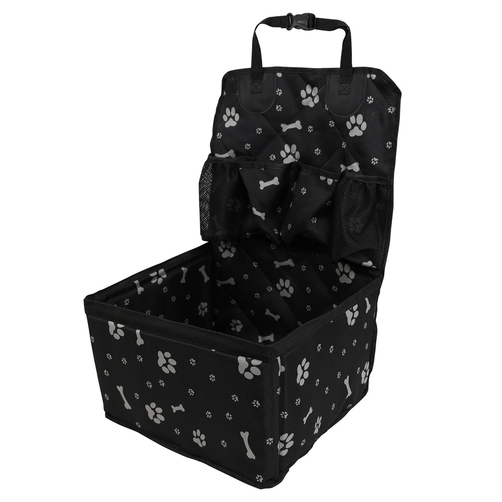 Black paw print waterproof dog car booster seat with folding storage box on a white background