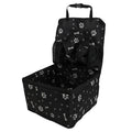 Black paw print waterproof dog car booster seat with folding storage box on a white background