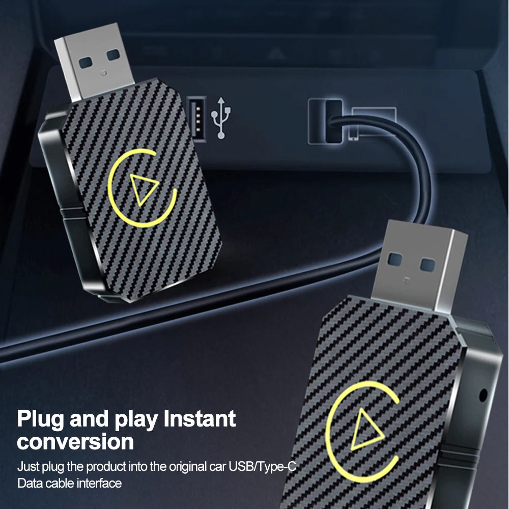 Carbon Wireless CarPlay Adapter plugging into a car USB port for instant wireless conversion