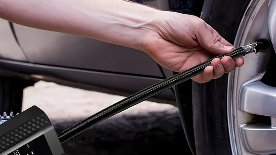 Person using a cordless tire inflator on a car tire with text highlighting its convenience.