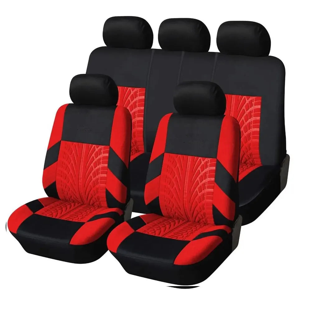 Full set of Crimson Red and black universal car seat covers laid out on a white background.
