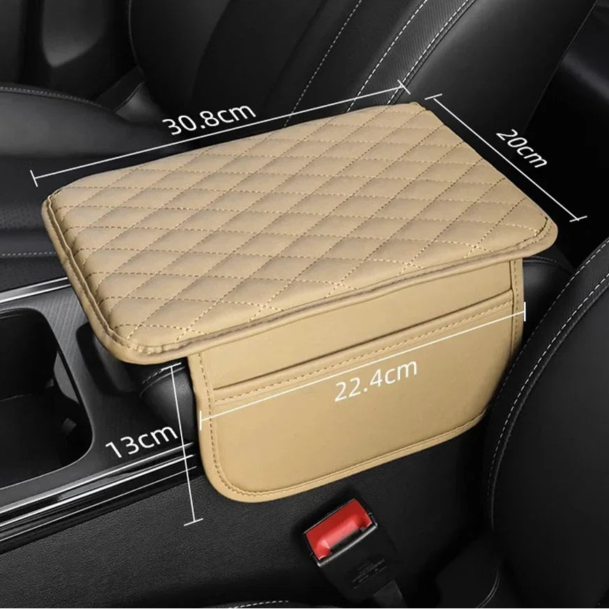 Khaki tan Padded Car Armrest Organiser fitted to car centre console showing diamond-quilted leather cushion and side storage pocket