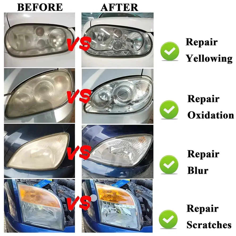 Before and after comparison of car headlights repaired using the headlight restoration polishing kit