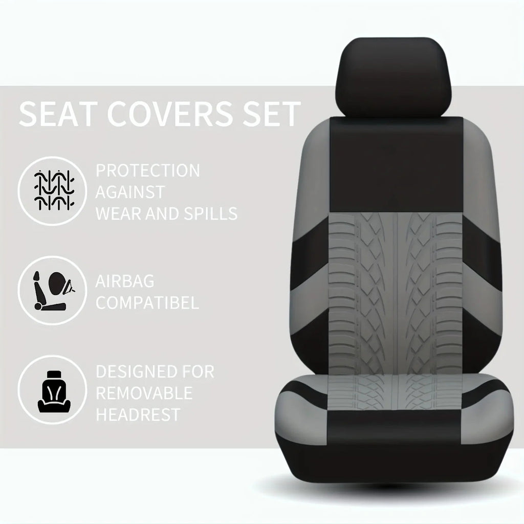 Feature graphic for the universal car seat covers listing key benefits: protection against wear and spills, airbag compatible, and designed for removable headrests.