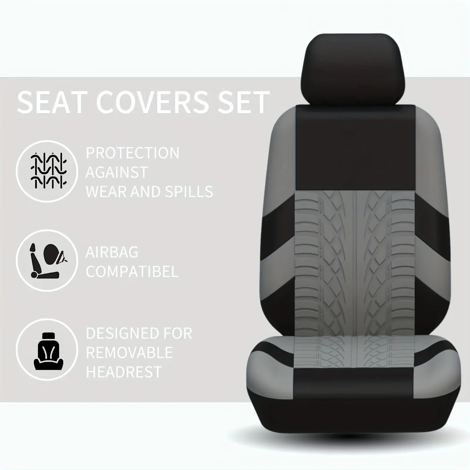 Feature graphic for the universal car seat covers listing key benefits: protection against wear and spills, airbag compatible, and designed for removable headrests.