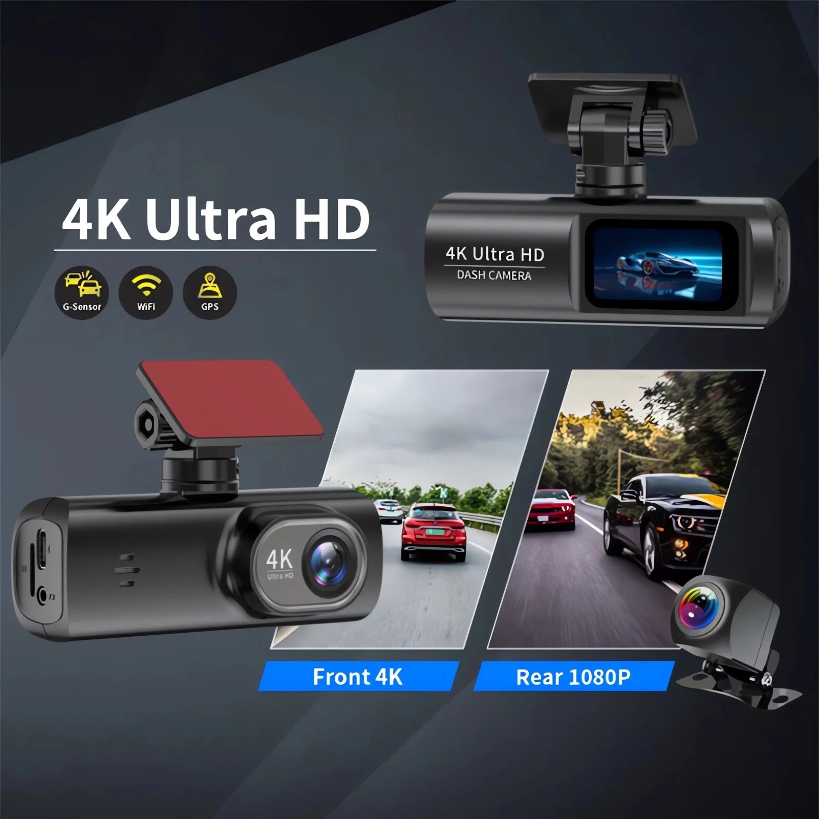 4K WiFi Dash Cam product shot on a dark background showing the camera unit with Front 4K and Rear 1080P sample footage cards and the separate rear camera lens