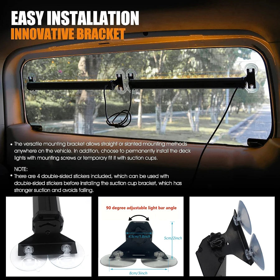 LED Bumper Strobe Light Strip bars mounted across a vehicle rear window on suction cup brackets, with bracket close-ups