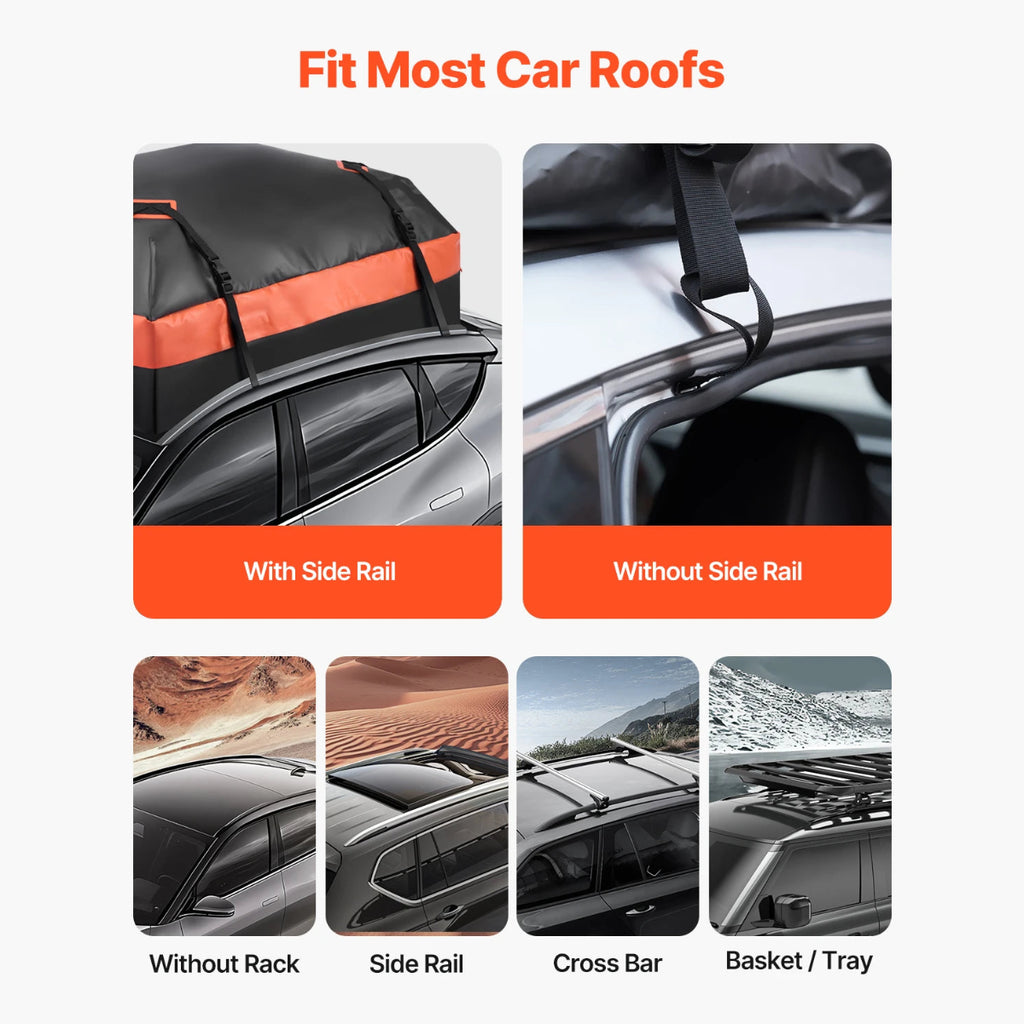 Rooftop Cargo Carrier fitted to car roofs with and without side rails, compatible with side rail, cross bar and basket roof racks