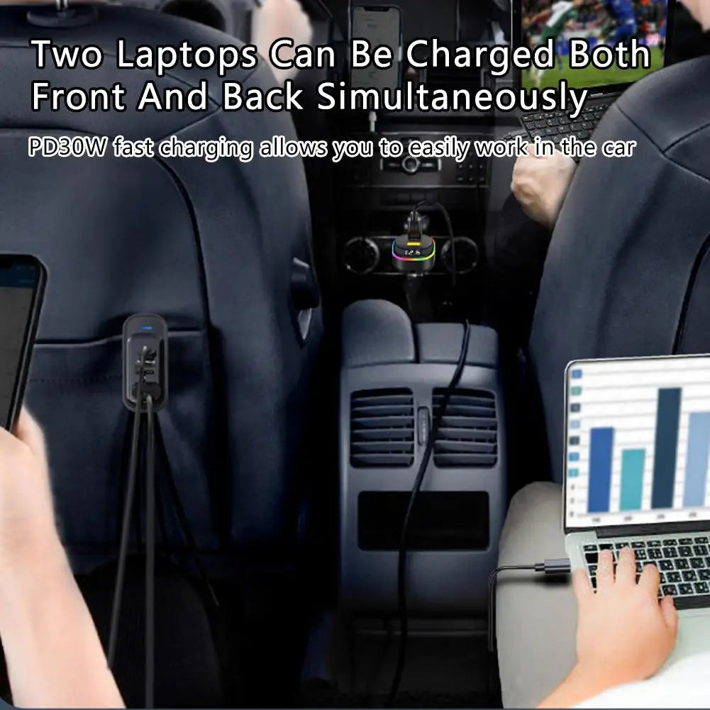 Dual-zone RGB car charger powering two laptops simultaneously in the front and back seats of a car