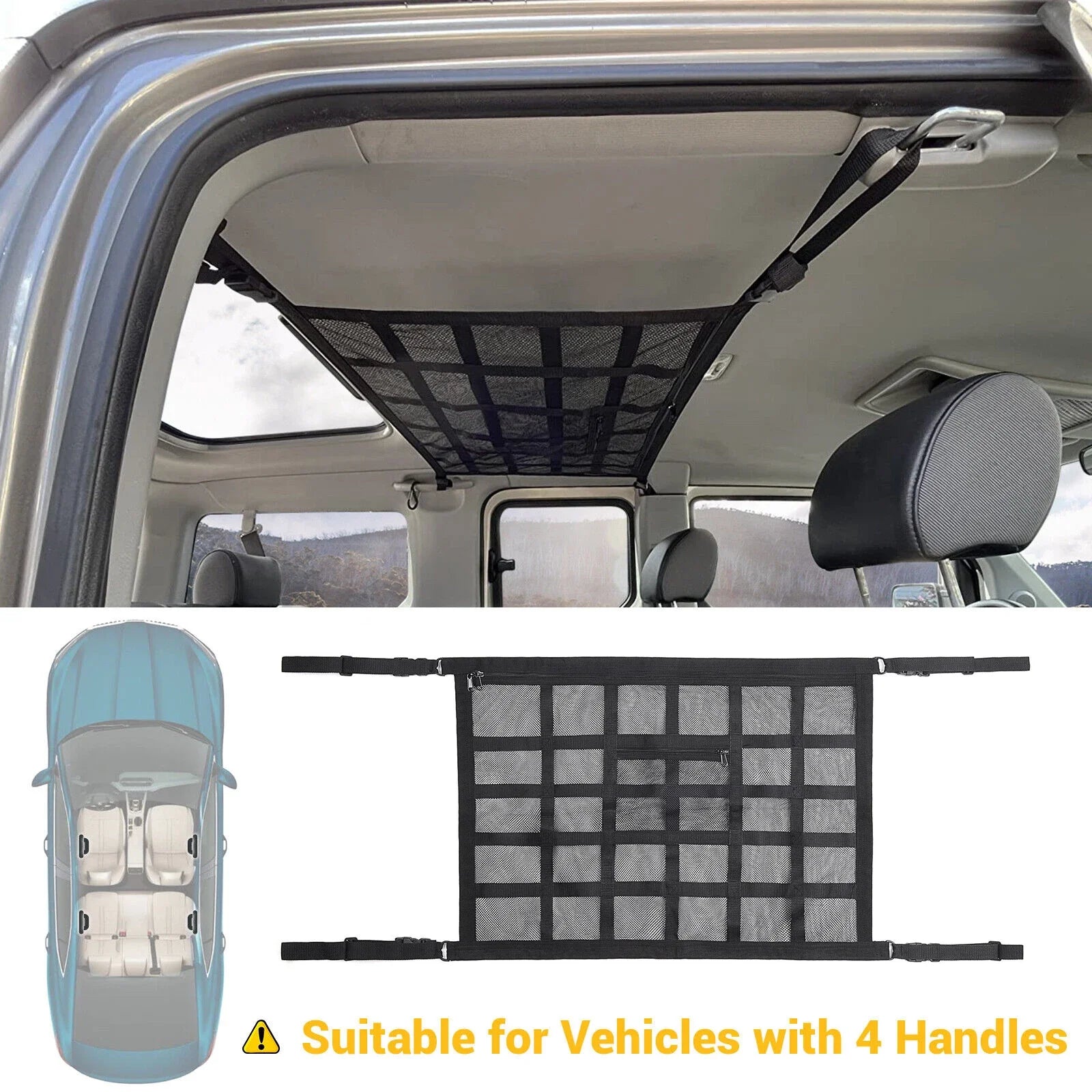 Car roof cargo net folded into carry pouch, suitable for vehicles with 4 handles