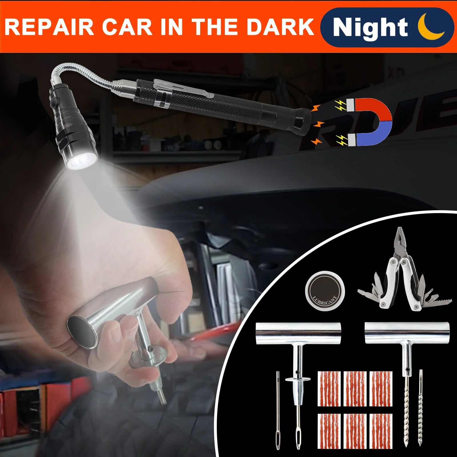 Extendable LED flashlight from the Deluxe Tyre Repair Kit illuminating an engine bay for night-time car repairs