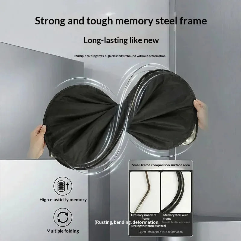UV-Block Windscreen Sun Shade strong memory steel frame being twisted by hand, compared against an ordinary iron wire frame that bends and deforms